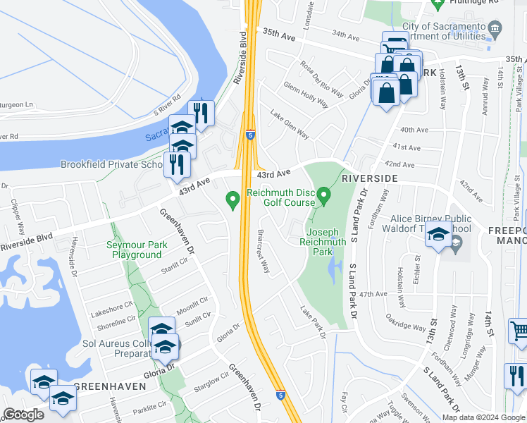 map of restaurants, bars, coffee shops, grocery stores, and more near 6258 Fennwood Court in Sacramento