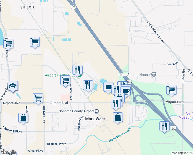map of restaurants, bars, coffee shops, grocery stores, and more near 421 Aviation Boulevard in Santa Rosa