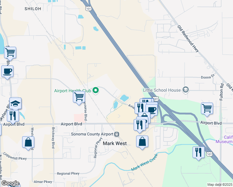 map of restaurants, bars, coffee shops, grocery stores, and more near 421 Aviation Boulevard in Santa Rosa