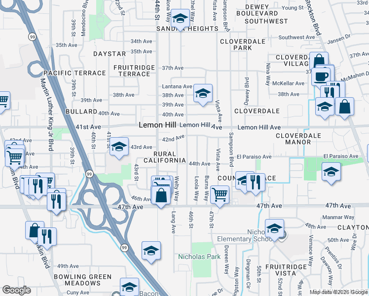 map of restaurants, bars, coffee shops, grocery stores, and more near 6116 Laurine Way in Sacramento