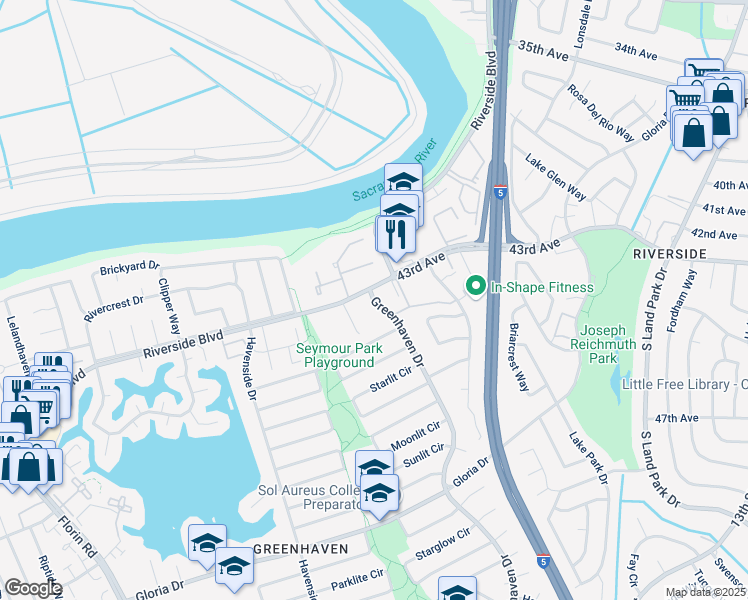 map of restaurants, bars, coffee shops, grocery stores, and more near 6230 Greenhaven Drive in Sacramento