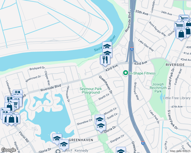 map of restaurants, bars, coffee shops, grocery stores, and more near 6200 Greenhaven Drive in Sacramento