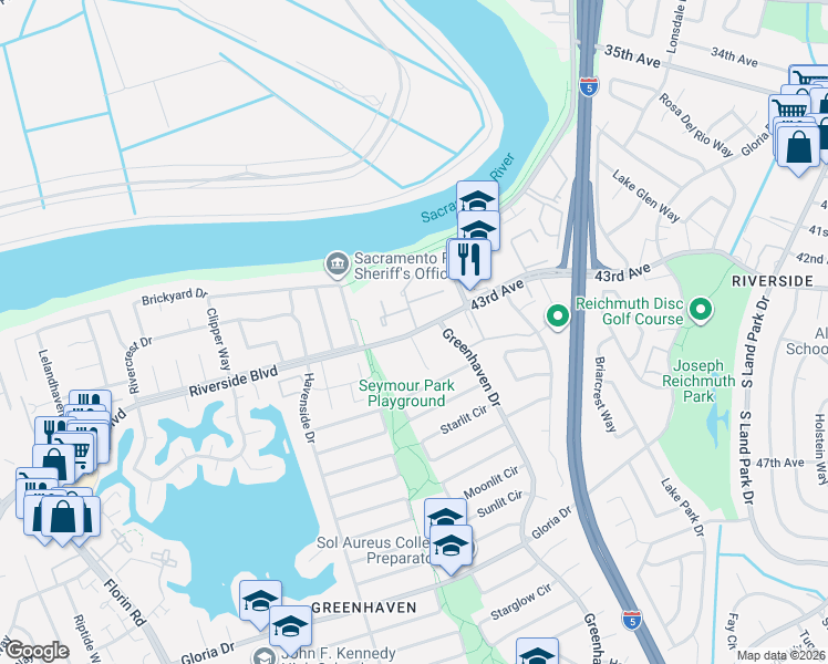 map of restaurants, bars, coffee shops, grocery stores, and more near 6200 Greenhaven Drive in Sacramento