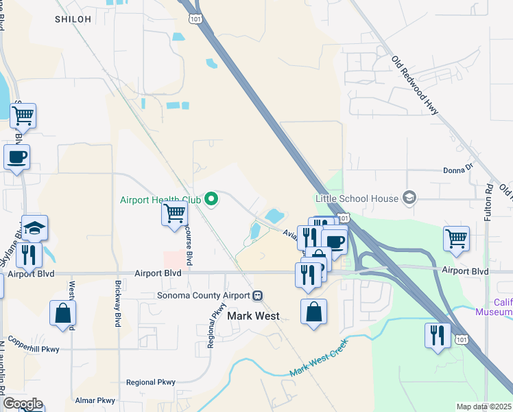 map of restaurants, bars, coffee shops, grocery stores, and more near 421 Aviation Boulevard in Santa Rosa