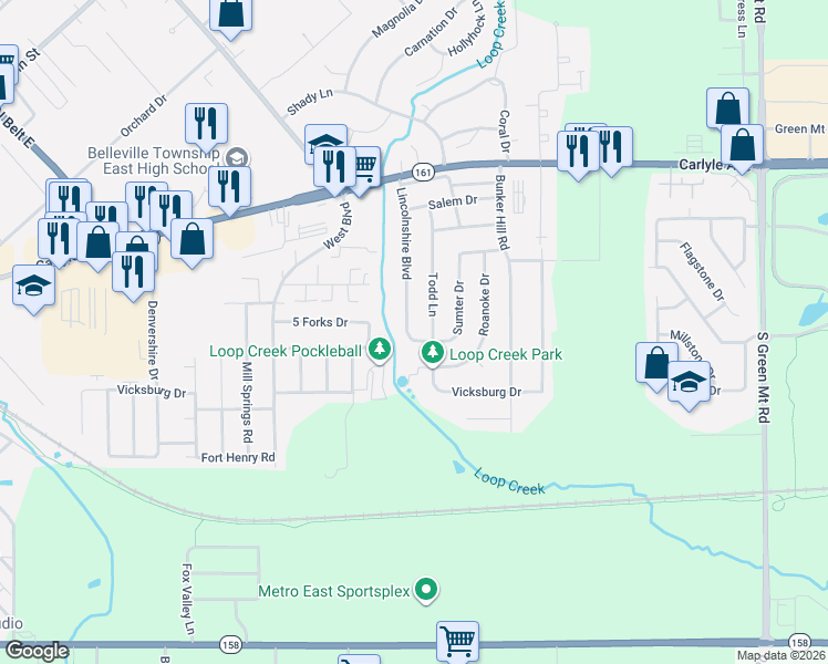 map of restaurants, bars, coffee shops, grocery stores, and more near 357 Lincolnshire Boulevard in Belleville
