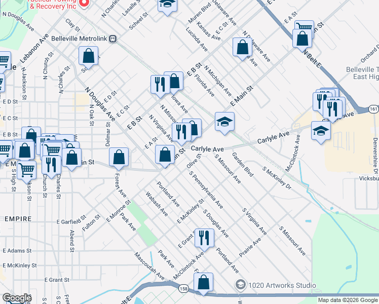 map of restaurants, bars, coffee shops, grocery stores, and more near 11 South Virginia Avenue in Belleville