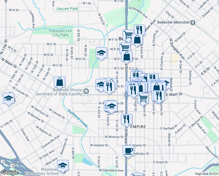map of restaurants, bars, coffee shops, grocery stores, and more near 123 West Main Street in Belleville