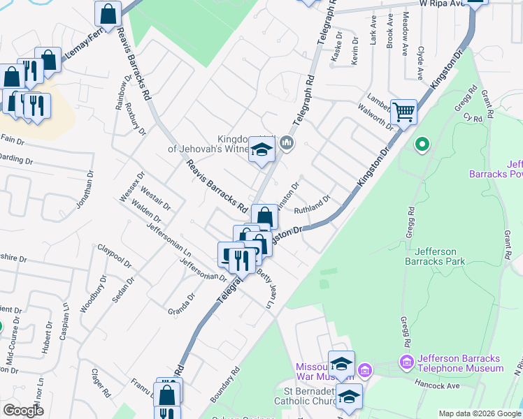 map of restaurants, bars, coffee shops, grocery stores, and more near 2520 Telegraph Road in Lemay