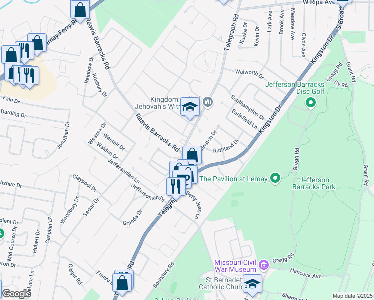 map of restaurants, bars, coffee shops, grocery stores, and more near 2520 Telegraph Road in St. Louis