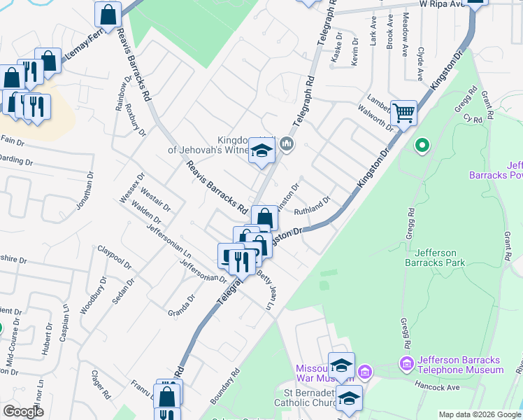 map of restaurants, bars, coffee shops, grocery stores, and more near 2520 Telegraph Road in Lemay