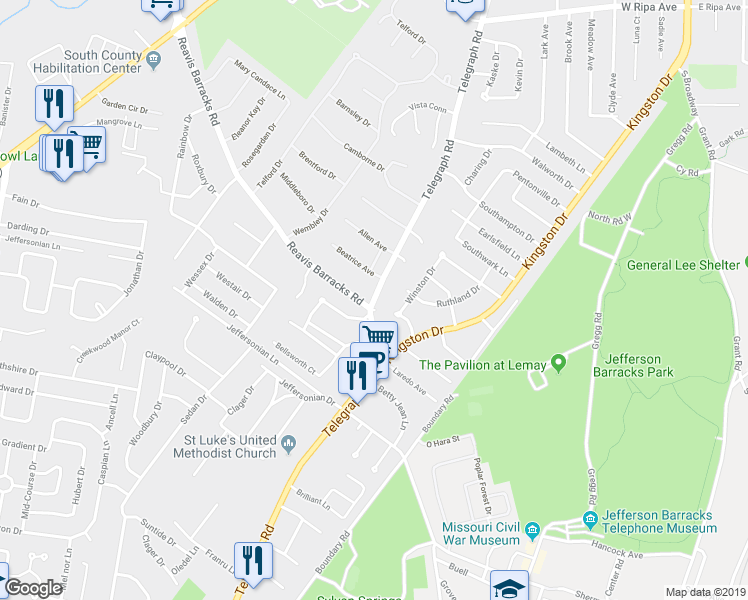 map of restaurants, bars, coffee shops, grocery stores, and more near 2520 Telegraph Road in Lemay