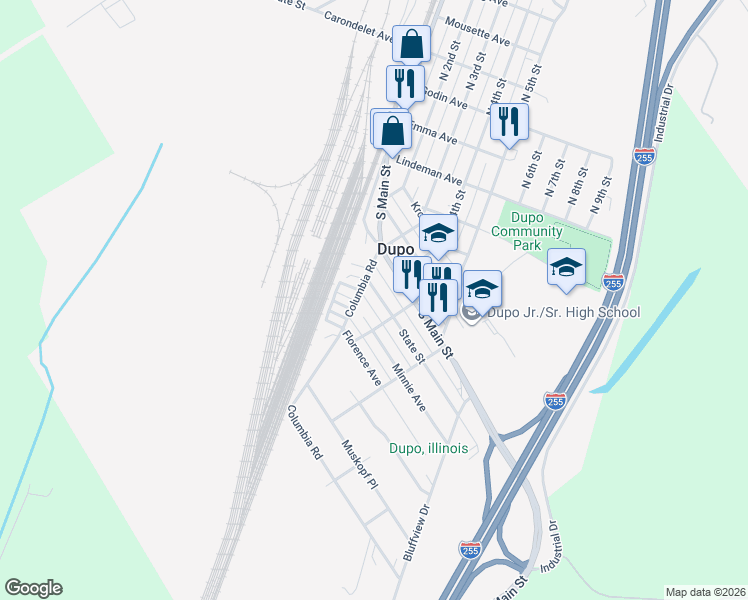 map of restaurants, bars, coffee shops, grocery stores, and more near 404 Minnie Avenue in Dupo