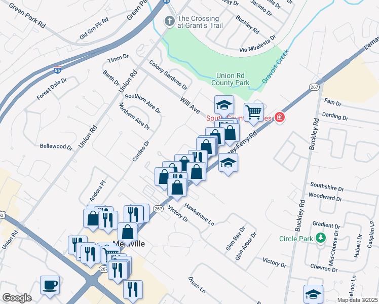 map of restaurants, bars, coffee shops, grocery stores, and more near 3647 Dove Dale Lane in St. Louis