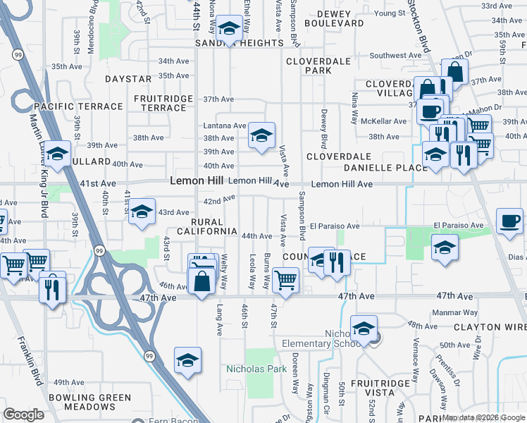 map of restaurants, bars, coffee shops, grocery stores, and more near 6128 Leola Way in Sacramento