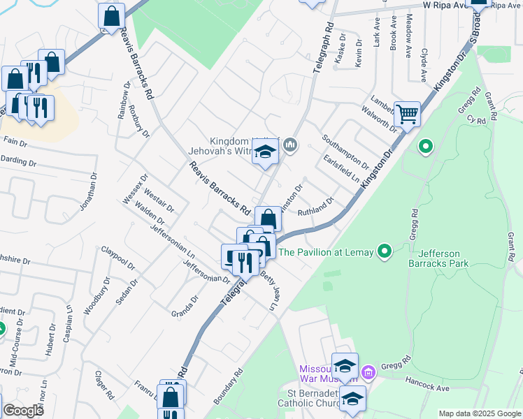map of restaurants, bars, coffee shops, grocery stores, and more near 2520 Telegraph Road in Lemay