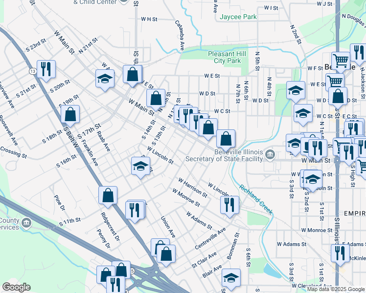 map of restaurants, bars, coffee shops, grocery stores, and more near 114 South 11th Street in Belleville