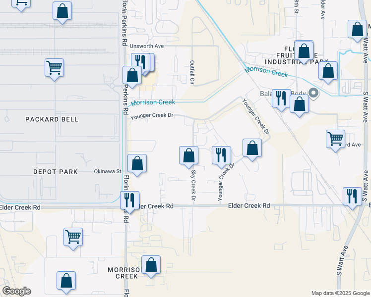 map of restaurants, bars, coffee shops, grocery stores, and more near 6250 Sky Creek Drive in Sacramento