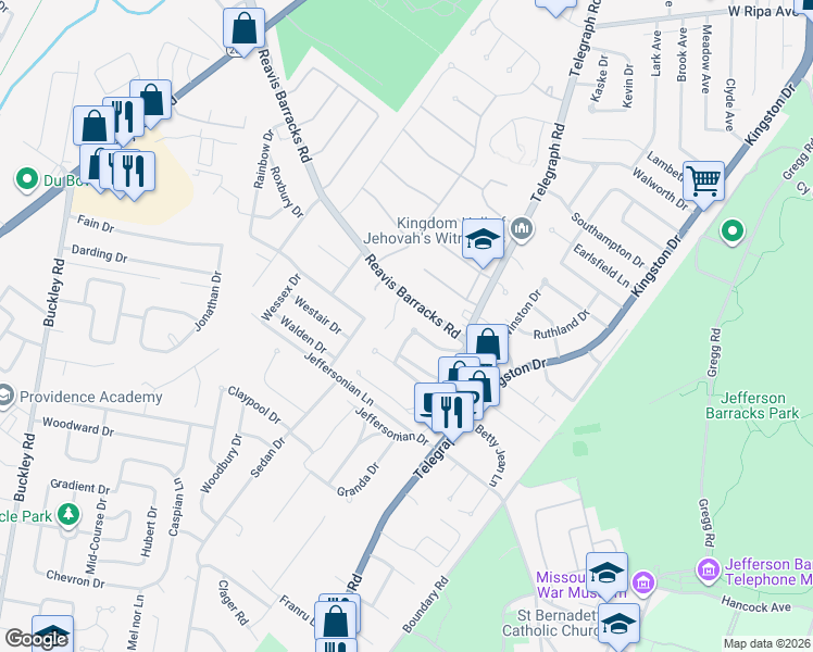 map of restaurants, bars, coffee shops, grocery stores, and more near 649 Rochester Drive in St. Louis