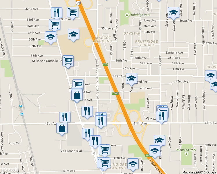map of restaurants, bars, coffee shops, grocery stores, and more near 6201 39th Street in Sacramento