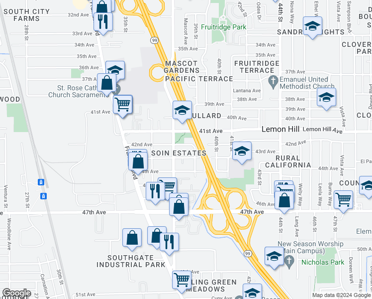 map of restaurants, bars, coffee shops, grocery stores, and more near 3825 43rd Avenue in Sacramento