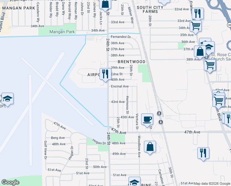 map of restaurants, bars, coffee shops, grocery stores, and more near 6136 25th Street in Sacramento