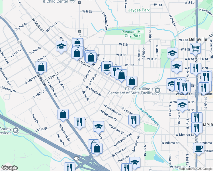 map of restaurants, bars, coffee shops, grocery stores, and more near 114 South 11th Street in Belleville