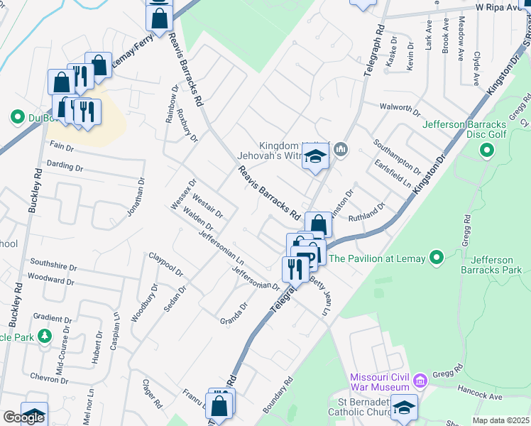 map of restaurants, bars, coffee shops, grocery stores, and more near 649 Rochester Drive in St. Louis