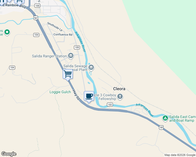 map of restaurants, bars, coffee shops, grocery stores, and more near 6505 County Road 102 in Salida