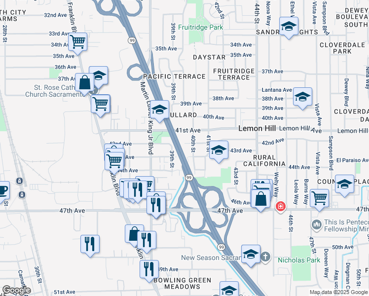 map of restaurants, bars, coffee shops, grocery stores, and more near 3938 42nd Avenue in Sacramento