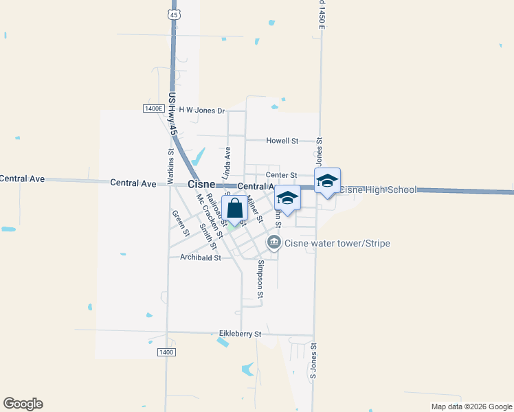map of restaurants, bars, coffee shops, grocery stores, and more near Mulberry Street in Cisne