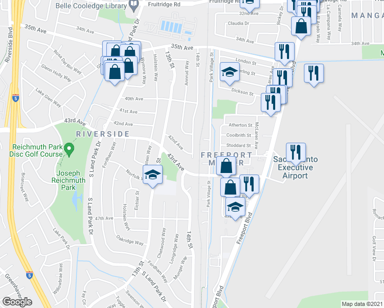 map of restaurants, bars, coffee shops, grocery stores, and more near 14th St & 42nd Ave in Sacramento