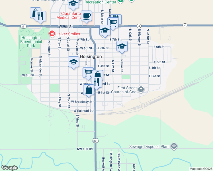 map of restaurants, bars, coffee shops, grocery stores, and more near in Hoisington