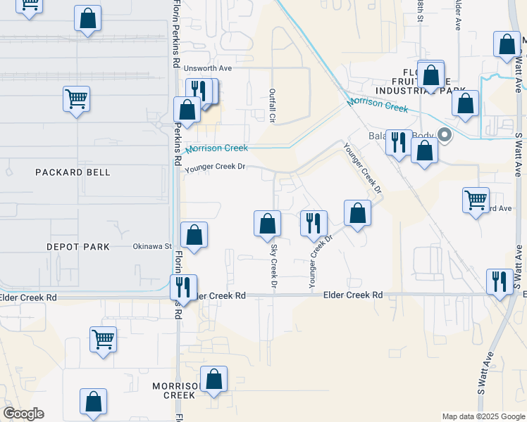 map of restaurants, bars, coffee shops, grocery stores, and more near 6350 Sky Creek Drive in Sacramento