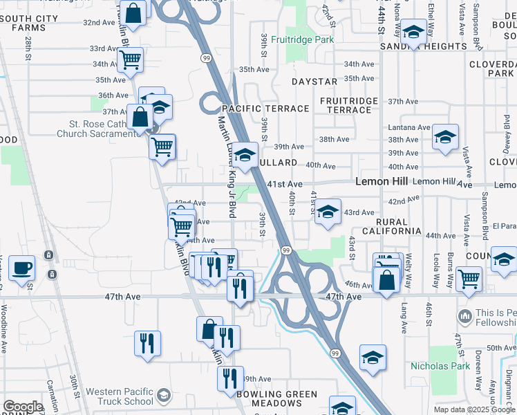 map of restaurants, bars, coffee shops, grocery stores, and more near 6201 39th Street in Sacramento