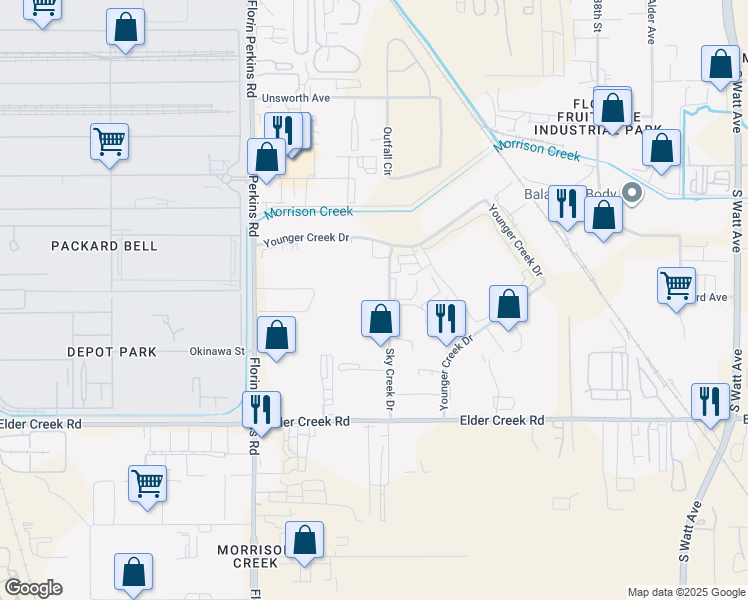 map of restaurants, bars, coffee shops, grocery stores, and more near 6250 Sky Creek Drive in Sacramento
