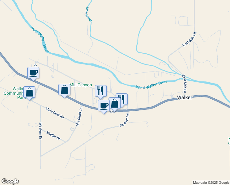 map of restaurants, bars, coffee shops, grocery stores, and more near 106 Meadow Drive in Coleville
