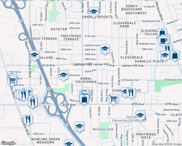 map of restaurants, bars, coffee shops, grocery stores, and more near 6125 Welty Way in Sacramento