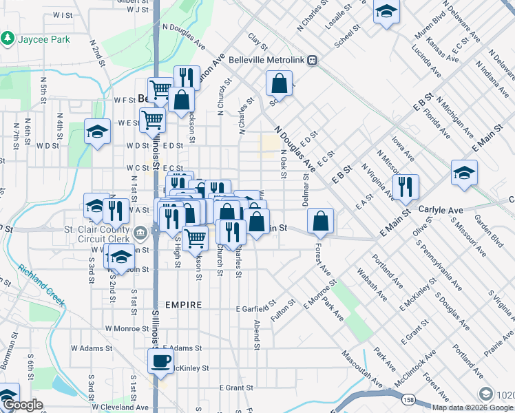 map of restaurants, bars, coffee shops, grocery stores, and more near 427 East A Street in Belleville