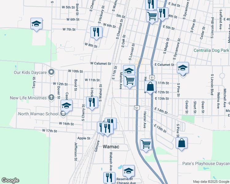 map of restaurants, bars, coffee shops, grocery stores, and more near 100-198 East 12th Street in Centralia