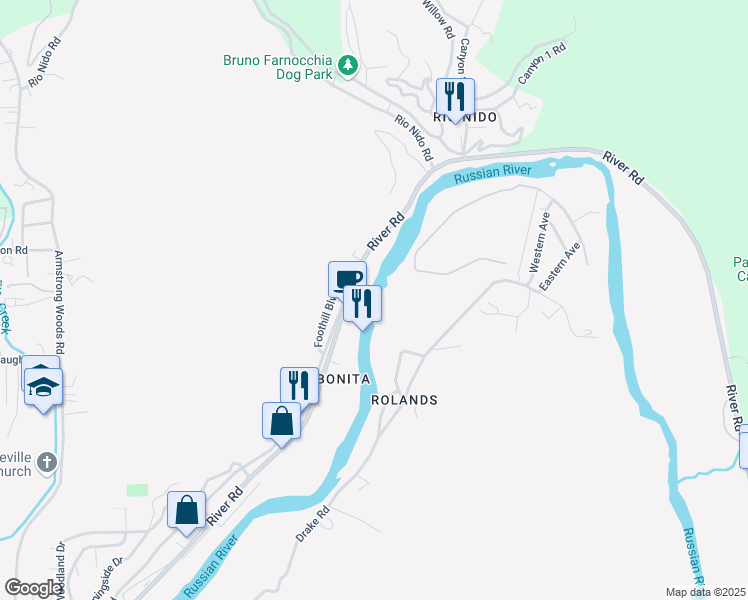 map of restaurants, bars, coffee shops, grocery stores, and more near 14955 River Road in Guerneville