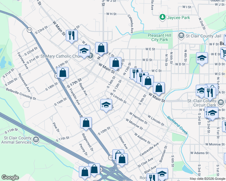 map of restaurants, bars, coffee shops, grocery stores, and more near 25 South 13th Street in Belleville
