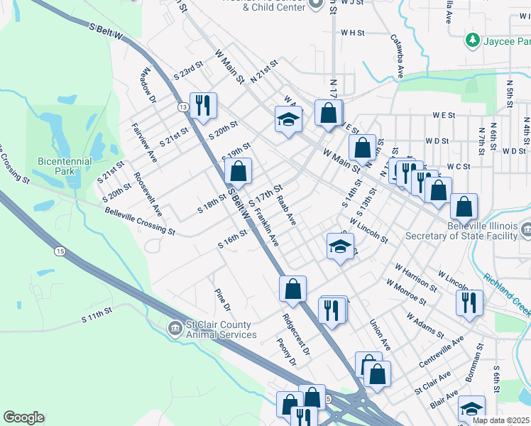 map of restaurants, bars, coffee shops, grocery stores, and more near 218 South 17th Street in Belleville