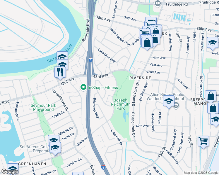 map of restaurants, bars, coffee shops, grocery stores, and more near 6202 Gloria Drive in Sacramento