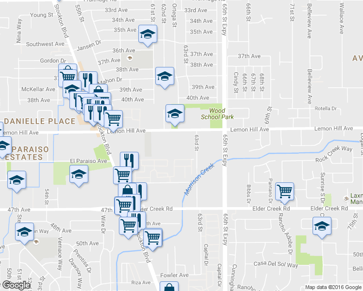 map of restaurants, bars, coffee shops, grocery stores, and more near 6286 Lemon Hill Avenue in Sacramento