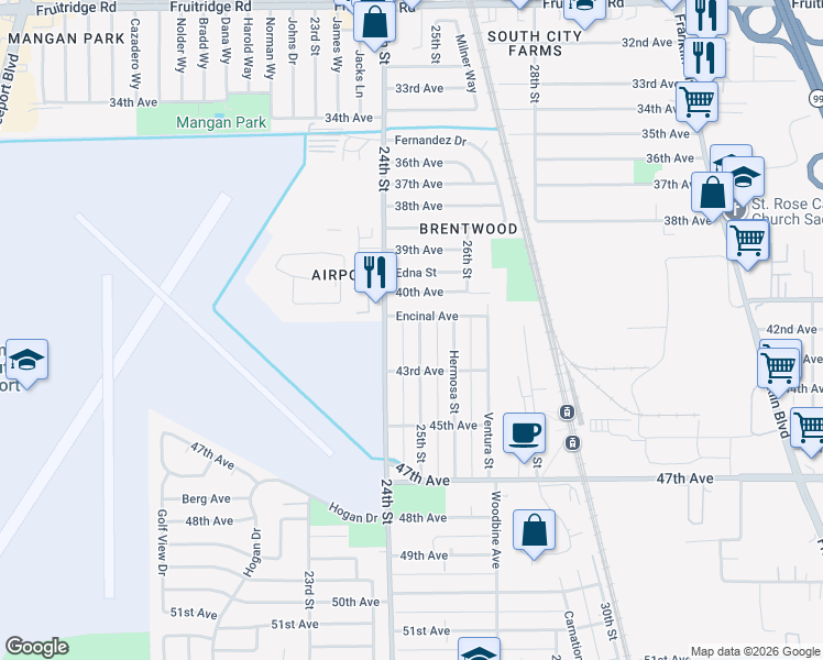 map of restaurants, bars, coffee shops, grocery stores, and more near 2427 Encinal Avenue in Sacramento