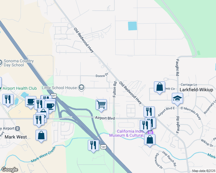 map of restaurants, bars, coffee shops, grocery stores, and more near 77 Ranchito Court in Santa Rosa