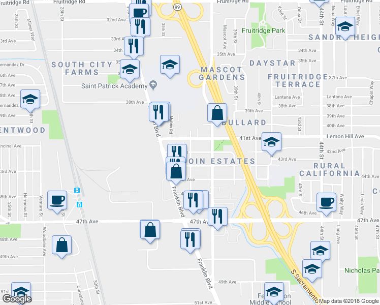 map of restaurants, bars, coffee shops, grocery stores, and more near 3698 42nd Avenue in Sacramento