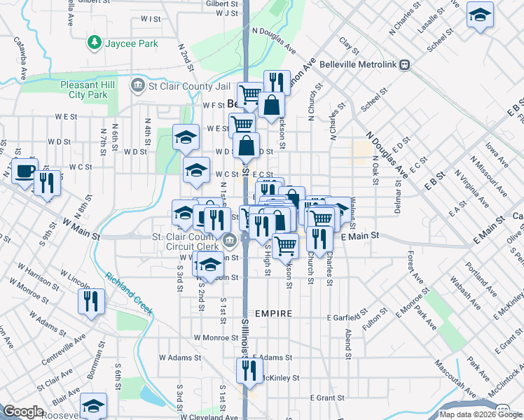 map of restaurants, bars, coffee shops, grocery stores, and more near 105 North High Street in Belleville