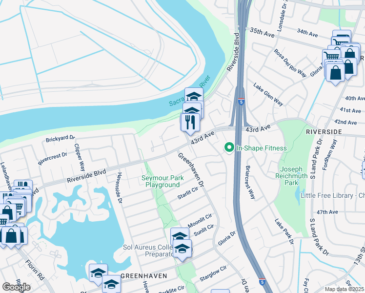 map of restaurants, bars, coffee shops, grocery stores, and more near 6168 Riverside Blvd in Sacramento