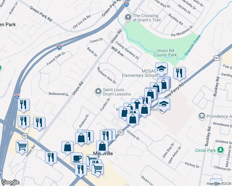 map of restaurants, bars, coffee shops, grocery stores, and more near 3301 Cordes Drive in St. Louis